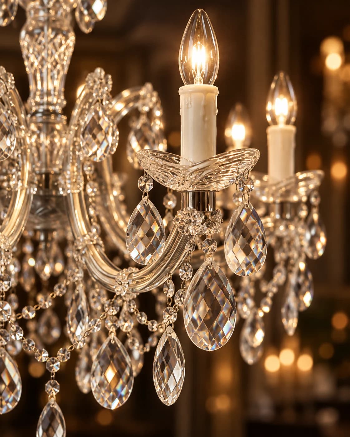 Warm candle lights and faceted crystal drops on a vintage chandelier